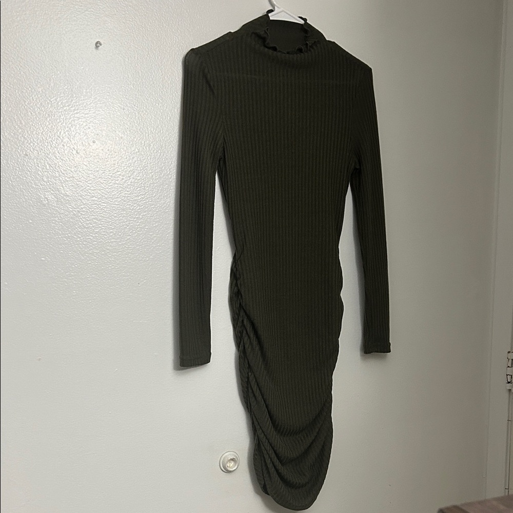 SHEIN Olive Long Sleeve Ribbed Dress